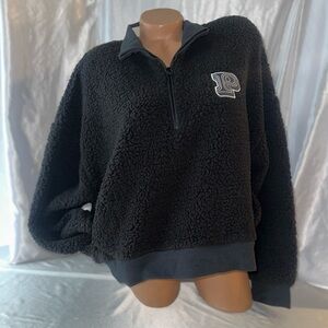 Victorias Secret Pink Teddy Bear Sherpa Jacket 1/4 Zip Sweater Black P Logo